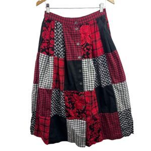 Susan Bristol Patchwork Red & Black Floral Cottagecore Plaid Maxi Skirt Size 4